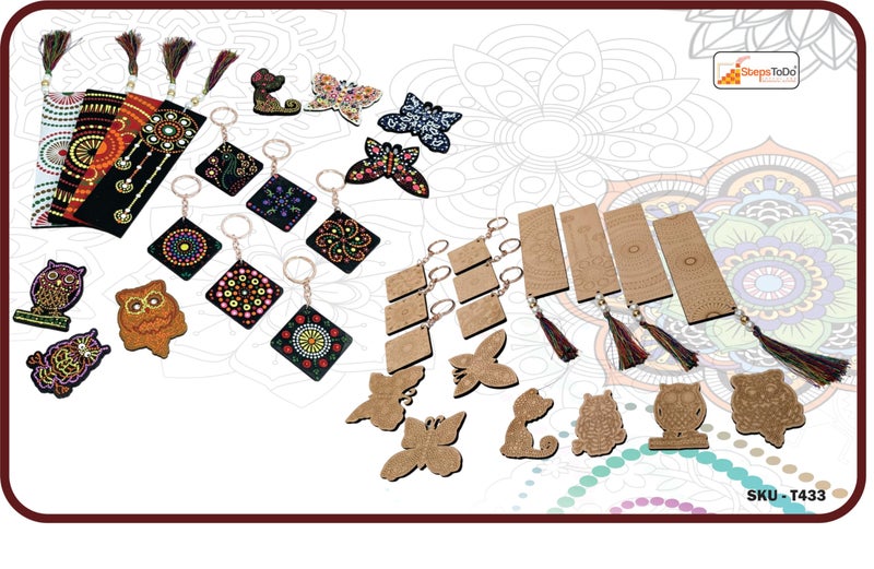 StepsToDo DIY 17 Pieces Ultimate Dot Mandala Painting Kit. Painting Kit with Pre-Mark Wooden Keychain (6), Fridge Magnets (7), Bookmark (4) Tools, Paint Brush, 6 Acrylic Colors, Color Pallet. - Image 3