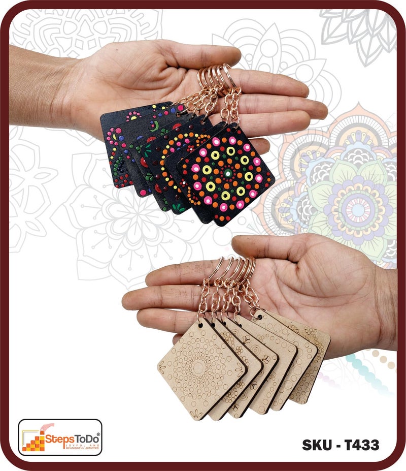 StepsToDo DIY 17 Pieces Ultimate Dot Mandala Painting Kit. Painting Kit with Pre-Mark Wooden Keychain (6), Fridge Magnets (7), Bookmark (4) Tools, Paint Brush, 6 Acrylic Colors, Color Pallet. - Image 4