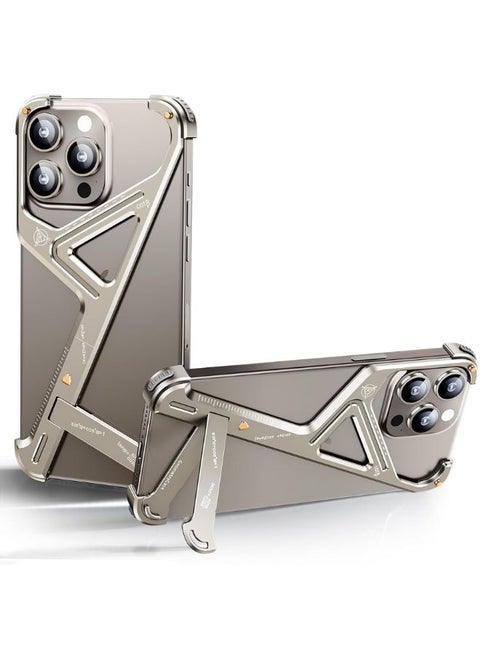 Frameless Phone Case for iPhone 13 Pro Max, Geometric Shape Phone Case with Built-in Invisible Stand, Slim Shockproof Bumper Case Sleek Minimalist Frameless Aluminum Shells, Natural Titanium