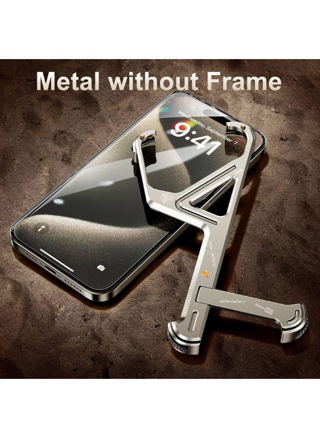 Frameless Phone Case for iPhone 13 Pro Max, Geometric Shape Phone Case with Built-in Invisible Stand, Slim Shockproof Bumper Case Sleek Minimalist Frameless Aluminum Shells, Natural Titanium