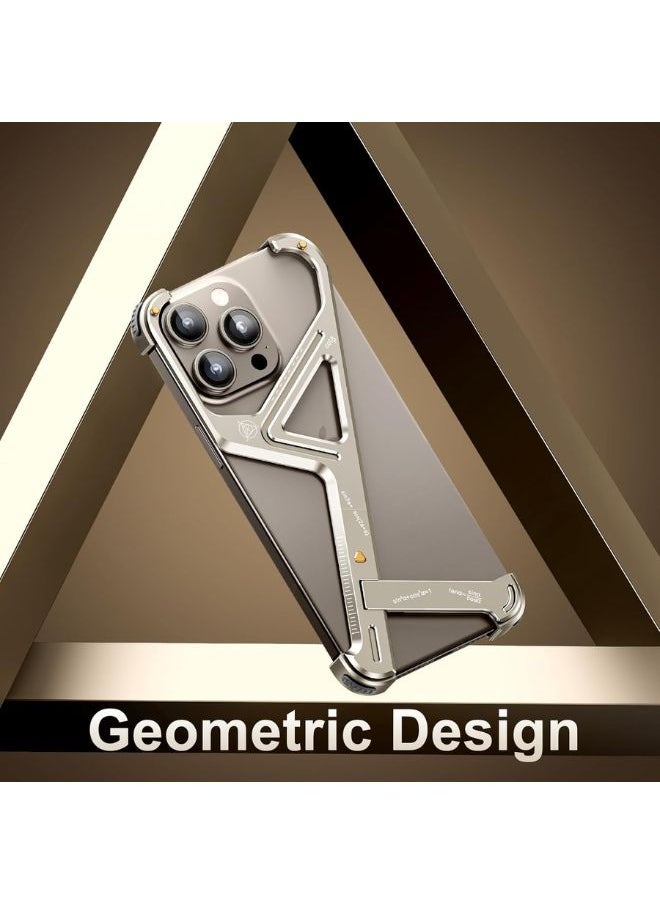 Frameless Phone Case for iPhone 13 Pro Max, Geometric Shape Phone Case with Built-in Invisible Stand, Slim Shockproof Bumper Case Sleek Minimalist Frameless Aluminum Shells, Natural Titanium
