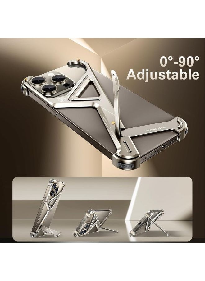Frameless Phone Case for iPhone 13 Pro Max, Geometric Shape Phone Case with Built-in Invisible Stand, Slim Shockproof Bumper Case Sleek Minimalist Frameless Aluminum Shells, Natural Titanium