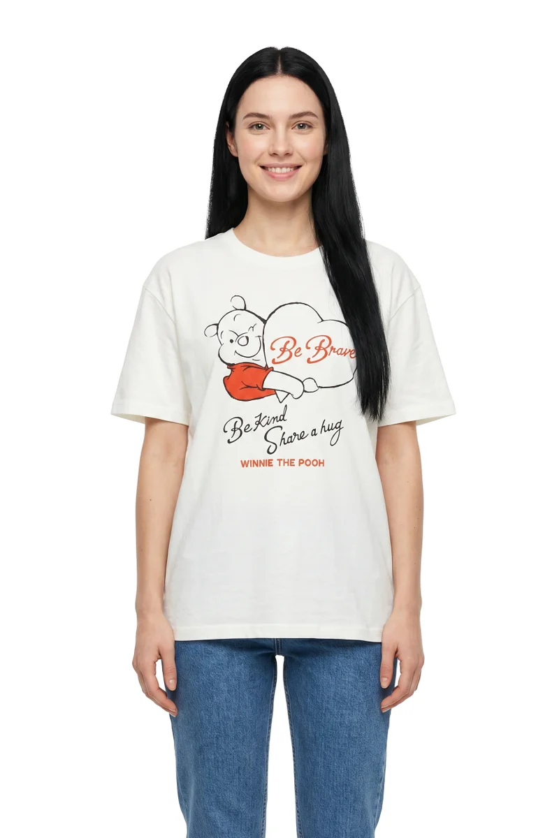 ديزني Disney Winnie the Pooh Be Brave Graphic Oversized T-Shirt for Women | Casual Crew Neck Printed Tee