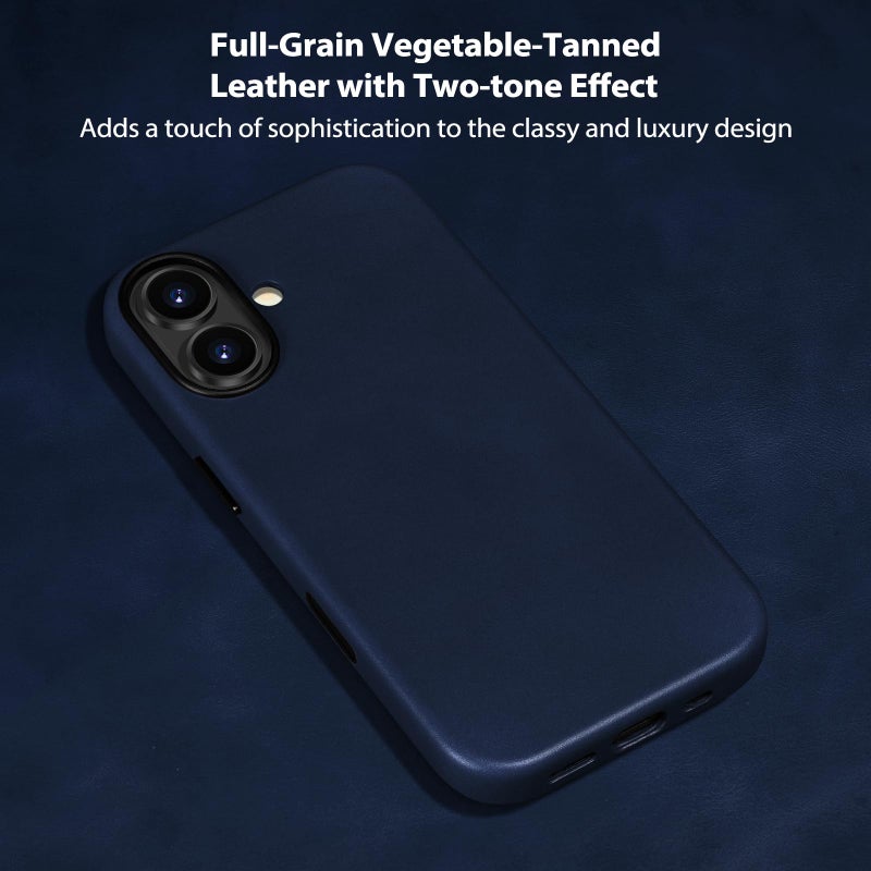 Belemay Handcrafted Full-Grain Vegetable-Tanned Leather Case for iPhone 17, Compatible with MagSafe, Classy Two-Tone Effect, Natural Patina, Camera Control Button, Metal Buttons (6.3"), Navy Blue - Image 2