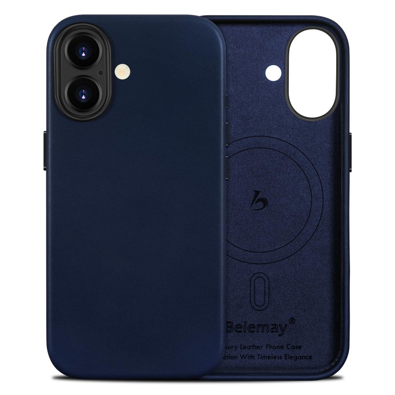 Belemay Handcrafted Full-Grain Vegetable-Tanned Leather Case for iPhone 17, Compatible with MagSafe, Classy Two-Tone Effect, Natural Patina, Camera Control Button, Metal Buttons (6.3"), Navy Blue - Image 1