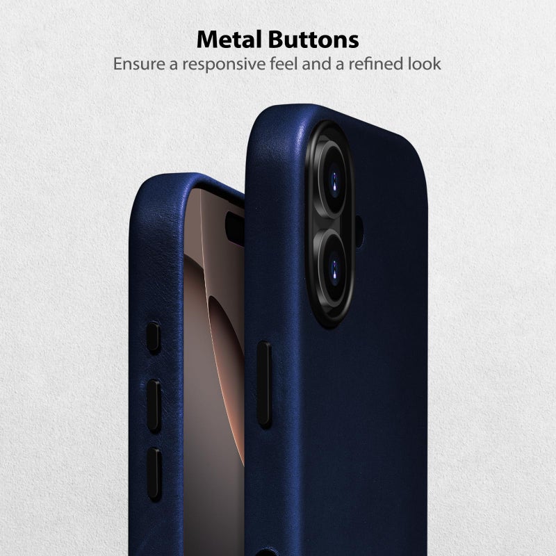 Belemay Handcrafted Full-Grain Vegetable-Tanned Leather Case for iPhone 17, Compatible with MagSafe, Classy Two-Tone Effect, Natural Patina, Camera Control Button, Metal Buttons (6.3"), Navy Blue - Image 4