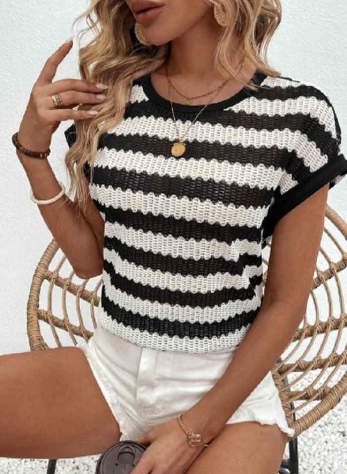 SHEIN Holidaya Striped Texture Batwing Sleeve Casual T-Shirt