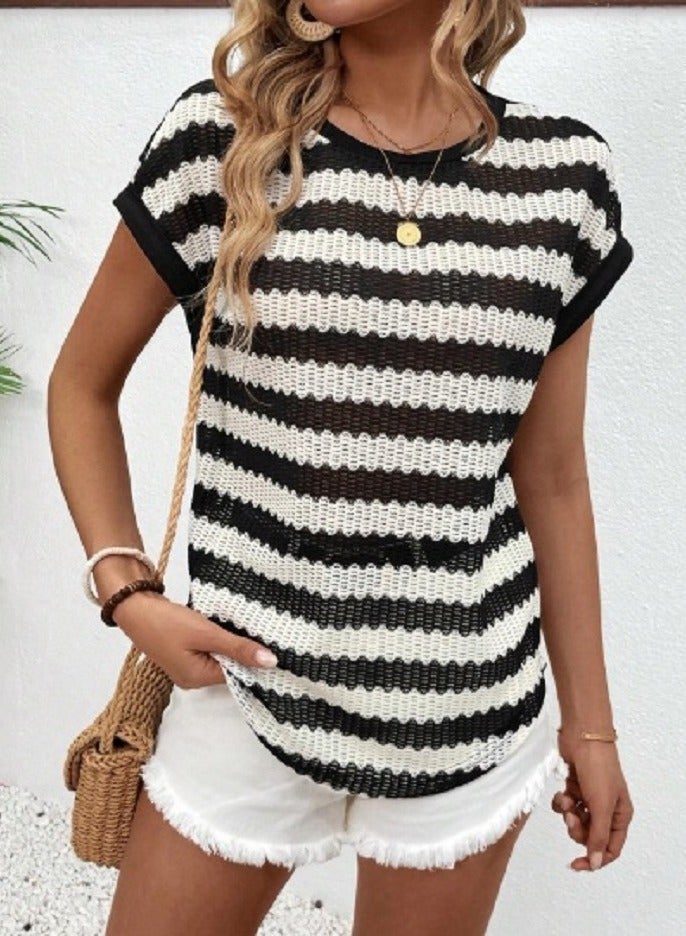 SHEIN Holidaya Striped Texture Batwing Sleeve Casual T-Shirt