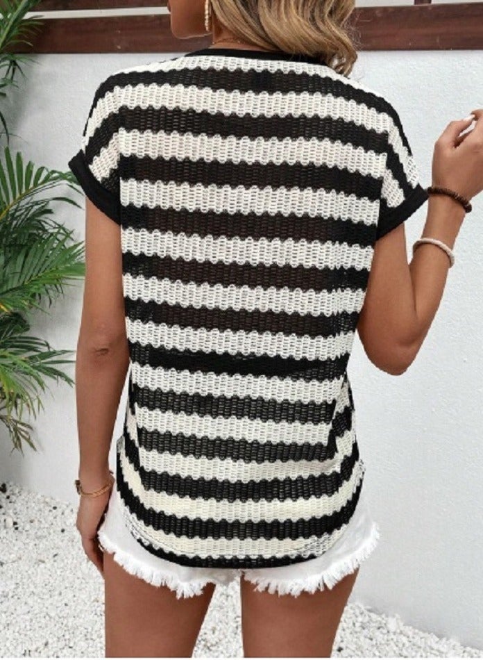 SHEIN Holidaya Striped Texture Batwing Sleeve Casual T-Shirt