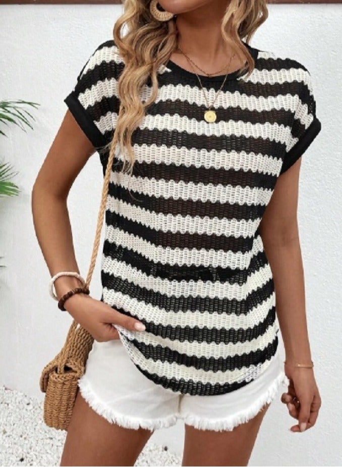 SHEIN Holidaya Striped Texture Batwing Sleeve Casual T-Shirt