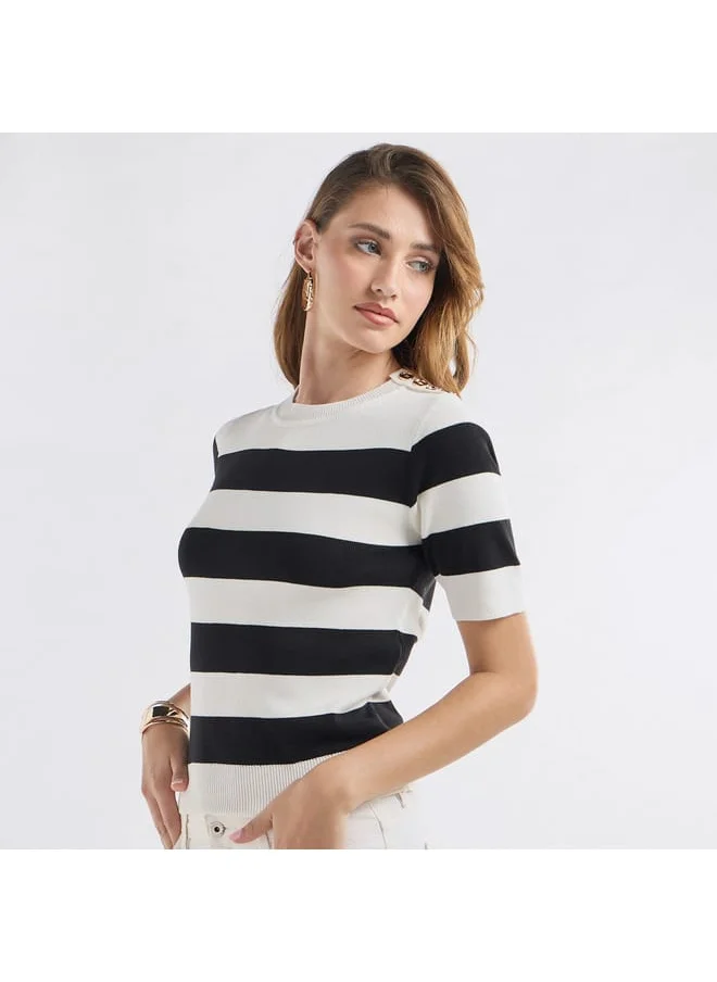 FAV Striped Round Neck T-shirt with Short Sleeves