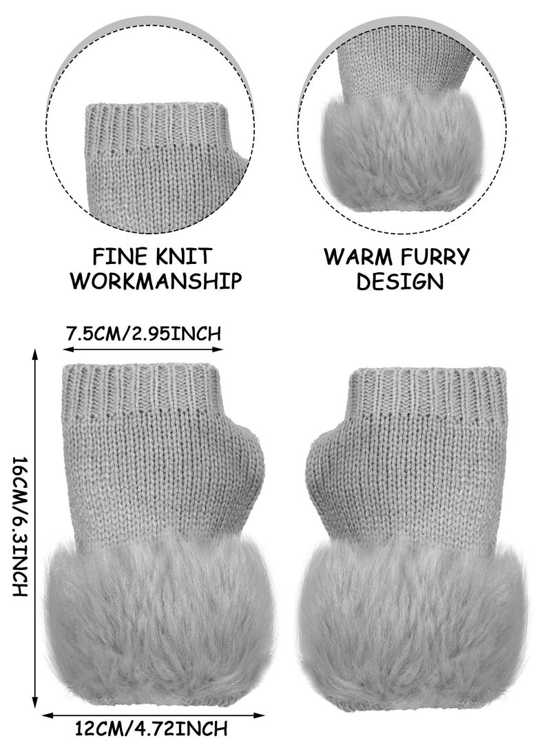 Excefore Faux Fur Fingerless Gloves, 3 Pairs Winter Knit Gloves Warm Fluffy Thumb Hole Mittens Arm Warmers for Women - Image 3