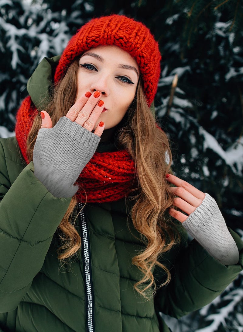 Excefore Faux Fur Fingerless Gloves, 3 Pairs Winter Knit Gloves Warm Fluffy Thumb Hole Mittens Arm Warmers for Women - Image 5