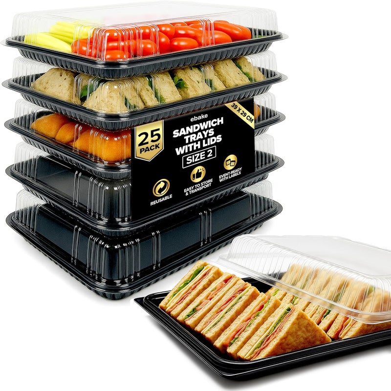 ebake 25 Pack Catering Trays with Lids – 15" Serving Tray with Lid, Heavy Duty Recyclable Plastic Party Platters for Catering, Buffet, Picnics & Events – Food Tray with Clear Lid (15.35 × 11.42 × 2.95 inch) - Image 1