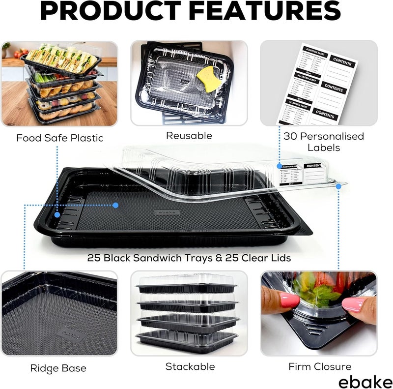 ebake 25 Pack Catering Trays with Lids – 15" Serving Tray with Lid, Heavy Duty Recyclable Plastic Party Platters for Catering, Buffet, Picnics & Events – Food Tray with Clear Lid (15.35 × 11.42 × 2.95 inch) - Image 3