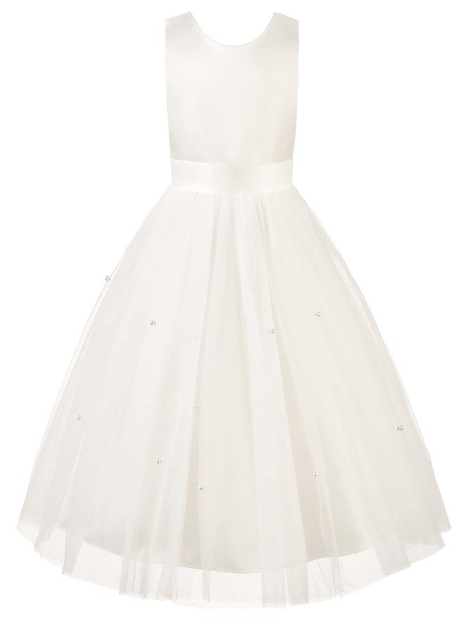 Uhnice Flower Girl Dress Satin Ball Gown for Wedding Party with Bowknot, Ivory, 18-24 Months - Image 2