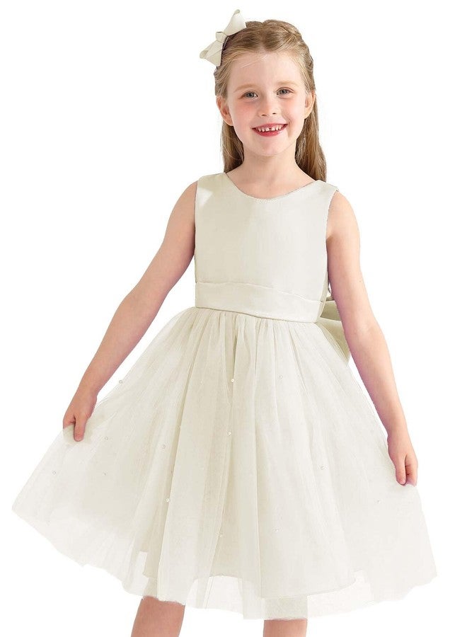 Uhnice Flower Girl Dress Satin Ball Gown for Wedding Party with Bowknot, Ivory, 18-24 Months - Image 3