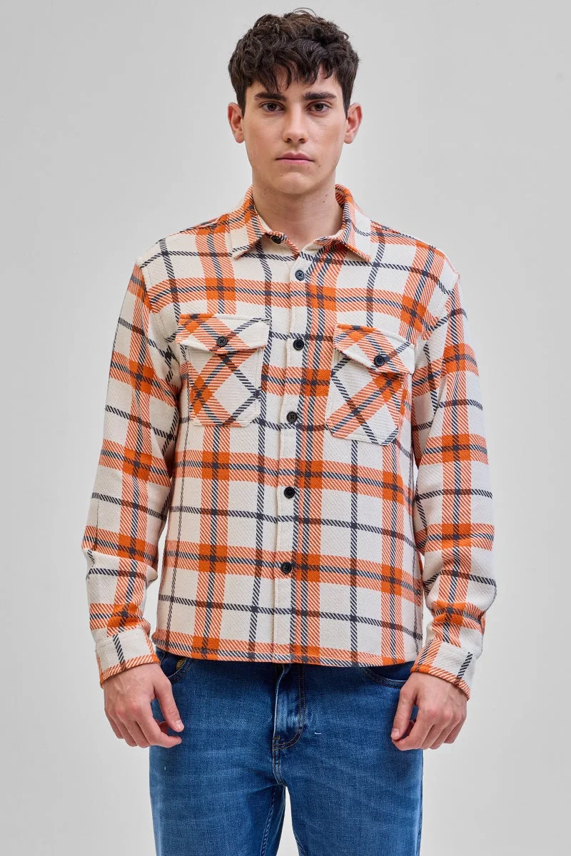 SNITCH Orange Flannel Checks Double Pocket Overshirt