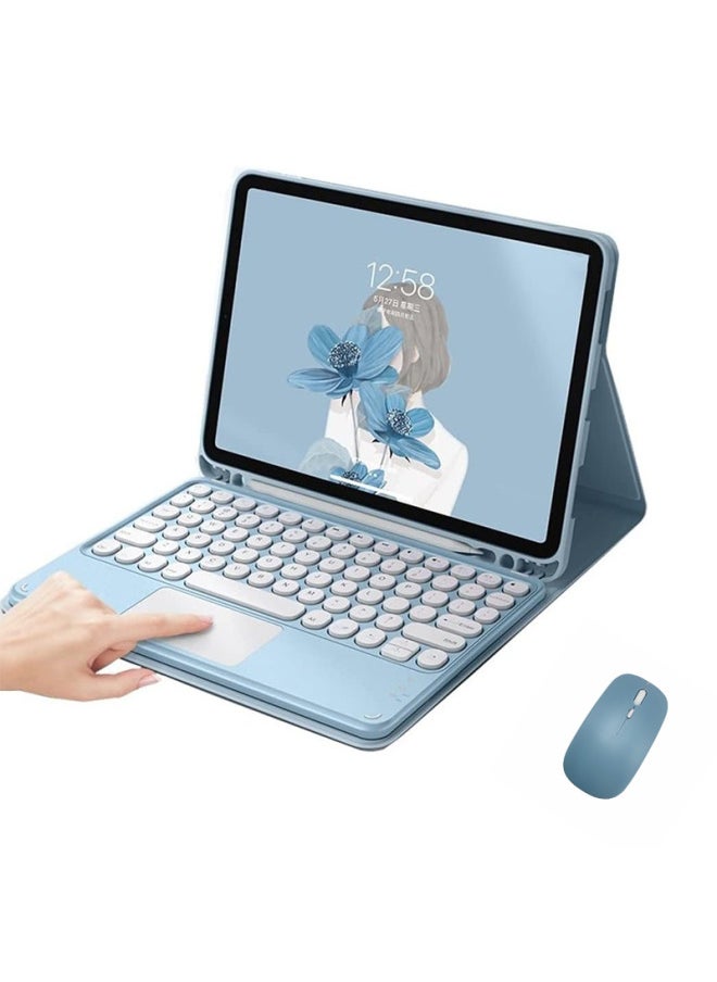 Generic For IPad Tablet Pro110.9.7 Protective Case Round Cap Removable Bluetooth Keyboard Leather Case With Touch 10.2-Color:Mist Blue Leather Case White Round Hat Touch Keyboard Mouse-Product Type:iPad Pro 12.9 2022/2021/2020/2018  - Image 1