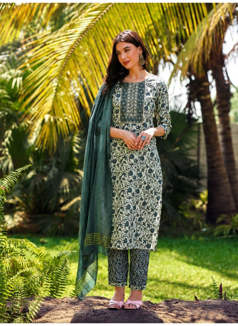 Women’s Pure Cotton Green Printed Kurta Set | Floral Design Kurti with Matching Palazzo & Dupatta | Stylish Ethnic Wear for Daily & Festive Use - Image 1