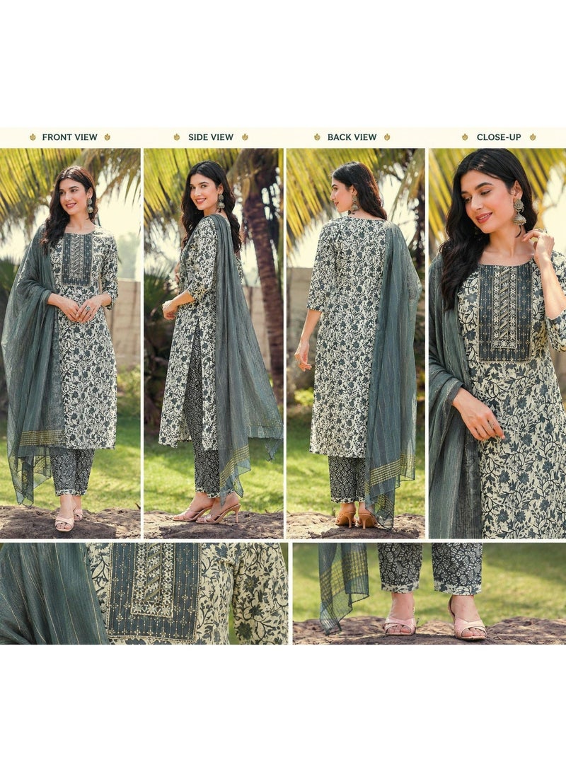 Women’s Pure Cotton Green Printed Kurta Set | Floral Design Kurti with Matching Palazzo & Dupatta | Stylish Ethnic Wear for Daily & Festive Use - Image 2