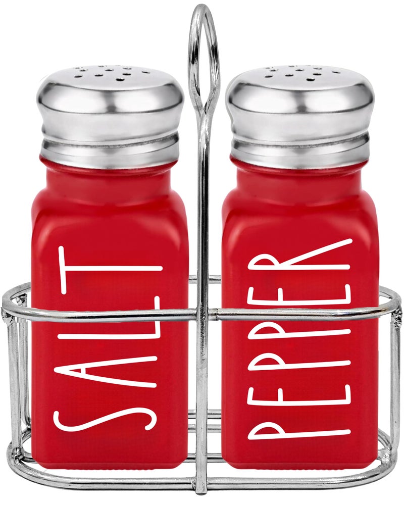Brighter Barns Red Salt and Pepper Shakers Set with Holder by Brighter Barns - Dining Table Decor, Modern Farmhouse Kitchen Decor - Christmas Salt and Pepper Shakers with Caddy for Restaurant, RV, Airbnb, Gift (Red) - Image 1