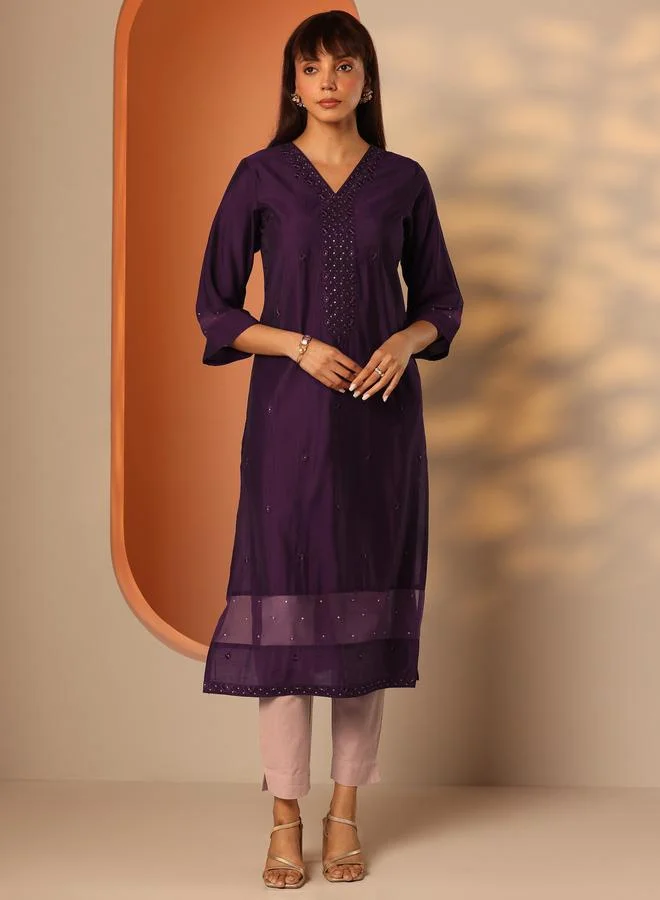 Libas Purple Embroidered Silk Blend Straight Kurta