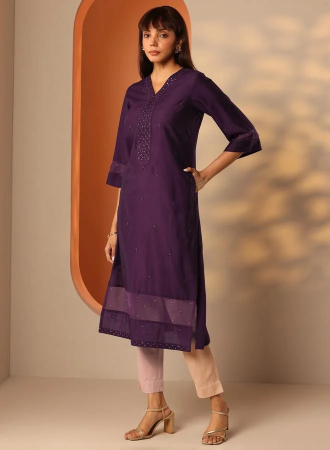 Libas Purple Embroidered Silk Blend Straight Kurta