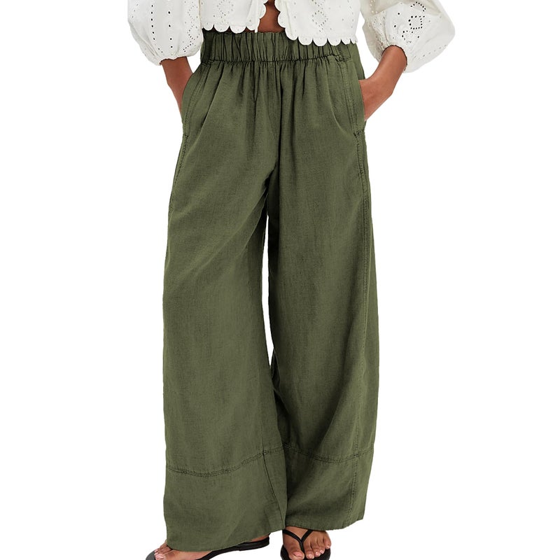 SeeLuNa Linen Pants for Women Cotton Baggy Boho Casual Palazzo Pants Wide Leg Long Lounge Trousers with Pockets(Army-Green,M) - Image 1