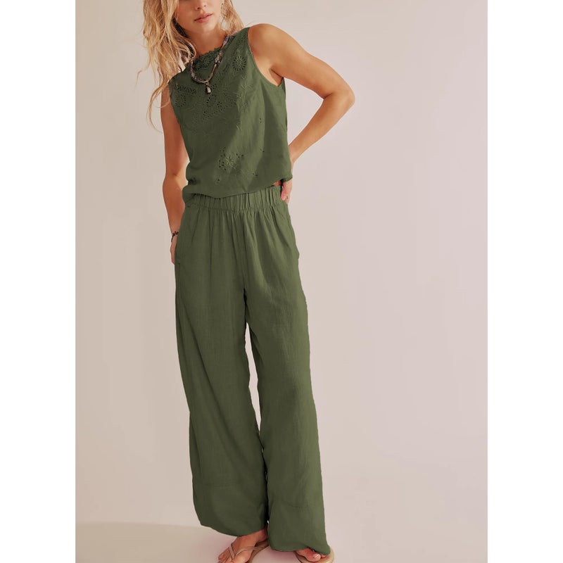 SeeLuNa Linen Pants for Women Cotton Baggy Boho Casual Palazzo Pants Wide Leg Long Lounge Trousers with Pockets(Army-Green,M) - Image 3