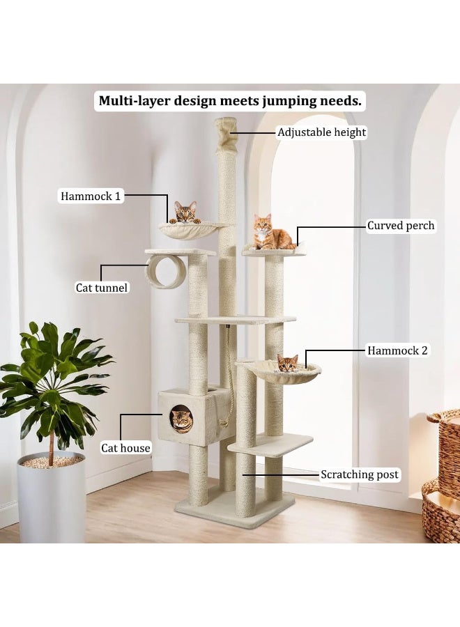 أن ان سي بيتس برج للقطط - بيت شجرة مع عمود خدش | أرجوحة مزدوجة | نفق للقطط | مجثم منحني ومكان مخصص للقطط | شجرة قطط من الأرض إلى السقف للقطط الكبيرة - للاستخدام الداخلي والخارجي - ٢٥٠ سم (بيج) - Image 5