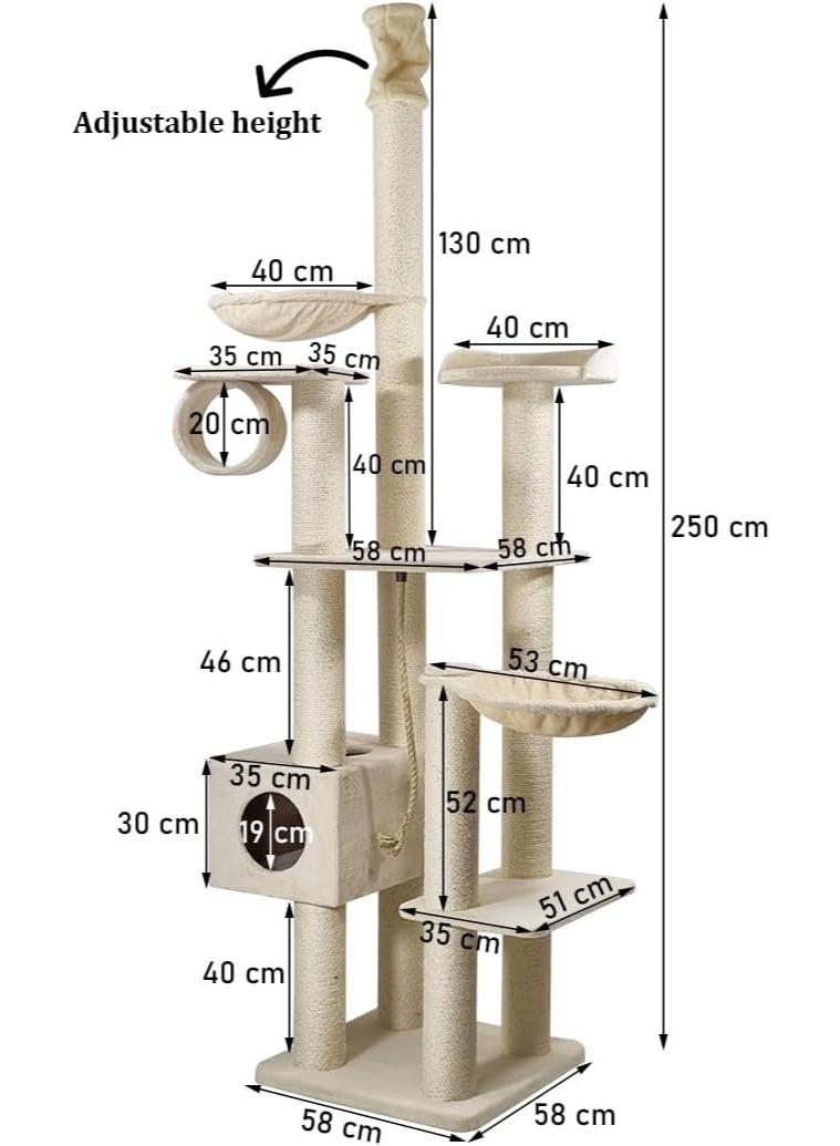 أن ان سي بيتس برج للقطط - بيت شجرة مع عمود خدش | أرجوحة مزدوجة | نفق للقطط | مجثم منحني ومكان مخصص للقطط | شجرة قطط من الأرض إلى السقف للقطط الكبيرة - للاستخدام الداخلي والخارجي - ٢٥٠ سم (بيج) - Image 2