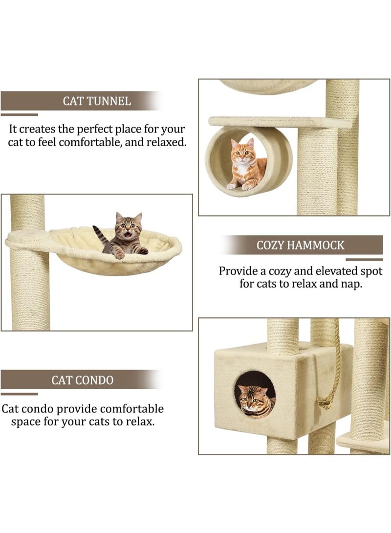 أن ان سي بيتس برج للقطط - بيت شجرة مع عمود خدش | أرجوحة مزدوجة | نفق للقطط | مجثم منحني ومكان مخصص للقطط | شجرة قطط من الأرض إلى السقف للقطط الكبيرة - للاستخدام الداخلي والخارجي - ٢٥٠ سم (بيج) - Image 4