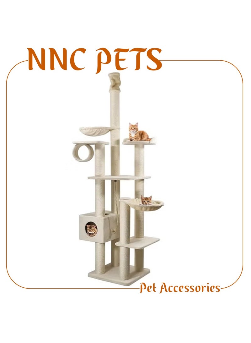 NNC PETS Cat Tower - Cat Tree House with Scratching Post | Double Hammock | Cat Tunnel | Curved Perch & Cat Condo | Floor-to-Ceiling Cat Tree for Big Cats - 250 cm (Beige) - Image 1