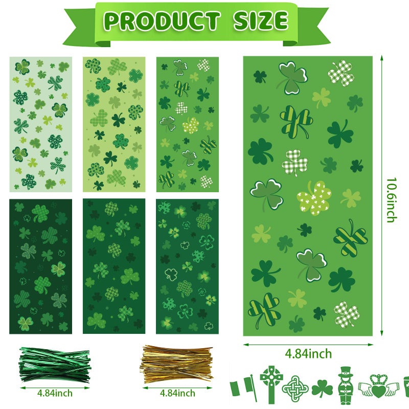 CCINEE St. Patrick's Day Cellophane Treat Bags, 180pcs Irish Lucky Shamrock Cello Candy Bags with Twsit Ties for for Saint Patrick Day Party Supply - Image 2