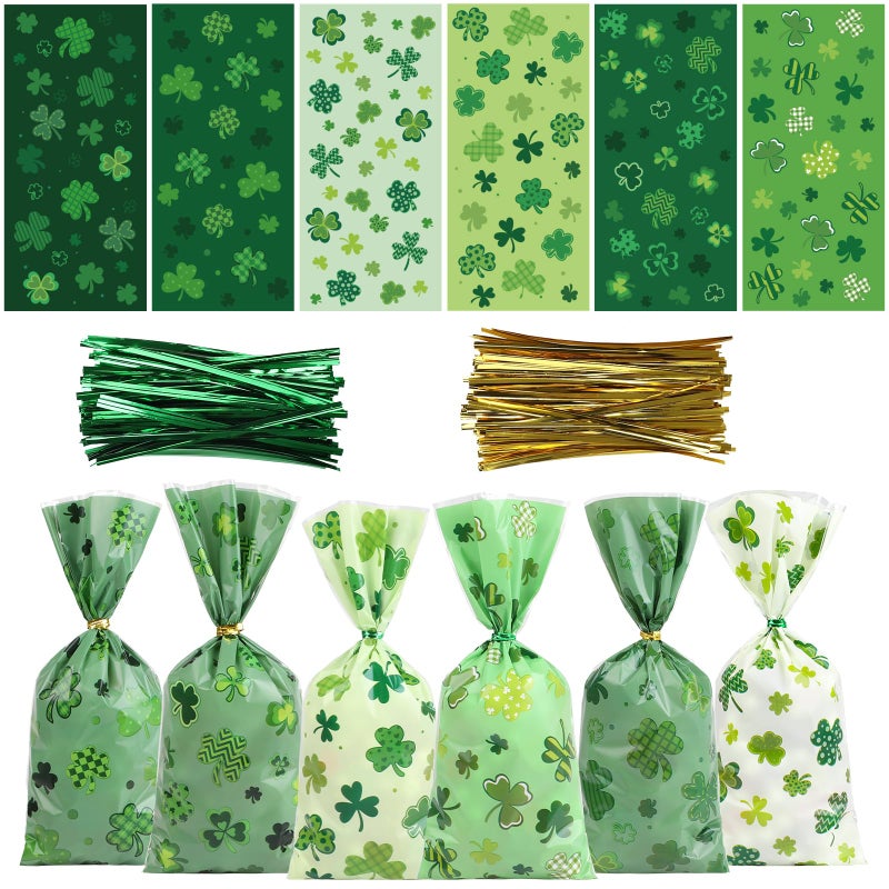 CCINEE St. Patrick's Day Cellophane Treat Bags, 180pcs Irish Lucky Shamrock Cello Candy Bags with Twsit Ties for for Saint Patrick Day Party Supply - Image 1