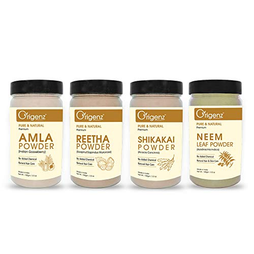 Origenz Natural Hair Care 4 Powders Combo 400 gm - Amla Reetha Shikakai Neem Powder for Pack, Wash, Mask, Shampoo, Dandruff, Cleanser | In Jar (100gm X 4) - Image 1