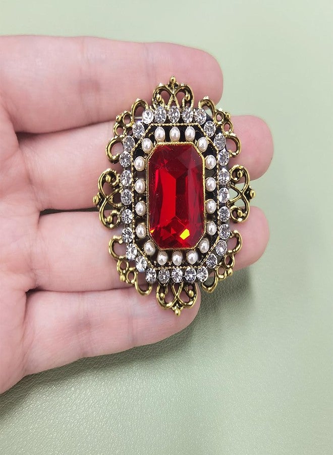 Dtja Antique Rhinestone Brooch Pin for Women Girls Gold Tone Vintage Baroque Rectangle Crystal Shell Pearl Boho Victorian Style Brooches Lapel Pins Elegant Wedding Valentine Festival Ornament Jewelry Gift (Red CZ) - Image 4