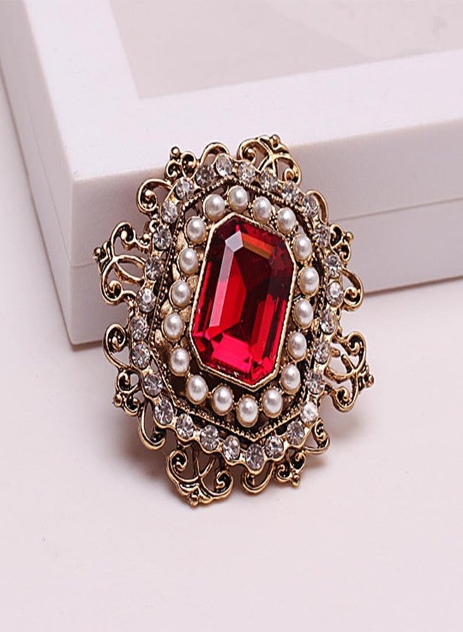 Dtja Antique Rhinestone Brooch Pin for Women Girls Gold Tone Vintage Baroque Rectangle Crystal Shell Pearl Boho Victorian Style Brooches Lapel Pins Elegant Wedding Valentine Festival Ornament Jewelry Gift (Red CZ) - Image 5