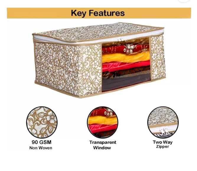 BB BACKBENCHERS Pack Of 6 Printed Non Woven Fabric Saree CoverClothes Organiser For Wardrobe Set with Transparent Window And Zip For Lehenga Suit Dress Accessories Extra Large Beige - Image 4
