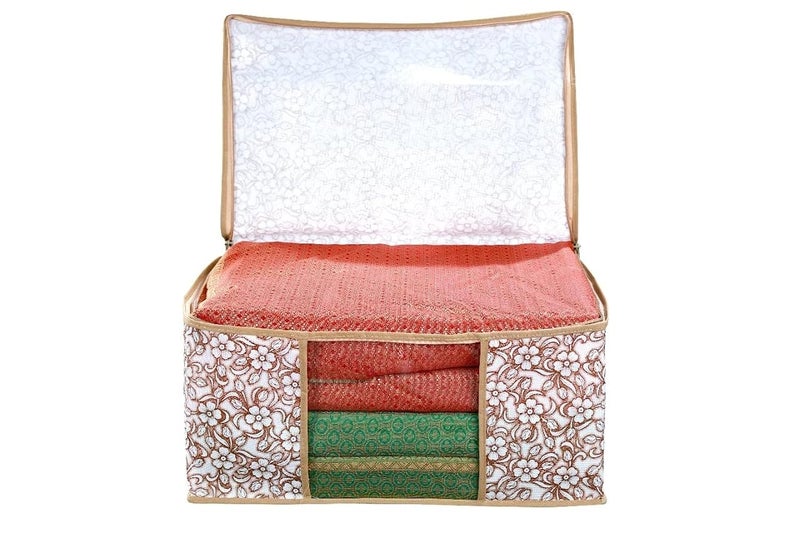 BB BACKBENCHERS Pack Of 6 Printed Non Woven Fabric Saree CoverClothes Organiser For Wardrobe Set with Transparent Window And Zip For Lehenga Suit Dress Accessories Extra Large Beige - Image 3