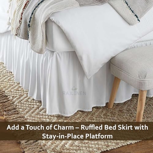 Rajlinen Ruffled Bed Skirt with Split Corners, King Dust Ruffle 12 inch Drop, 100% Microfiber Bedskirt with Platform Three Sided Coverage Ruffled Gathering Bed Skirts, White - Image 2