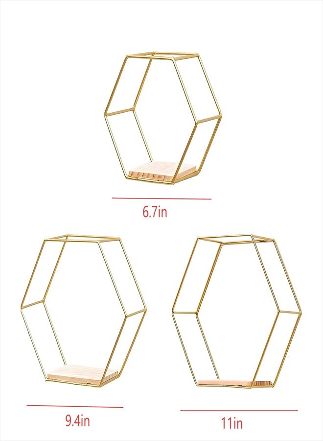 CJFNDFA Gold Floating Wall Shelves Set of 3,Metal Hexagon Shelving Geometric Wall Mounted Design for Living Room, Bedroom, Kitchen & Office Decor, Easy Install Modern Display Shelves with Golden Finish - Image 2