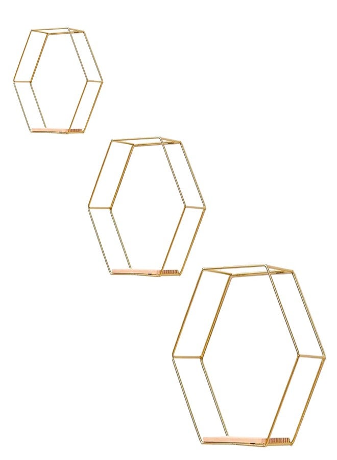 CJFNDFA Gold Floating Wall Shelves Set of 3,Metal Hexagon Shelving Geometric Wall Mounted Design for Living Room, Bedroom, Kitchen & Office Decor, Easy Install Modern Display Shelves with Golden Finish - Image 1