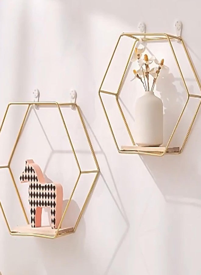 CJFNDFA Gold Floating Wall Shelves Set of 3,Metal Hexagon Shelving Geometric Wall Mounted Design for Living Room, Bedroom, Kitchen & Office Decor, Easy Install Modern Display Shelves with Golden Finish - Image 4