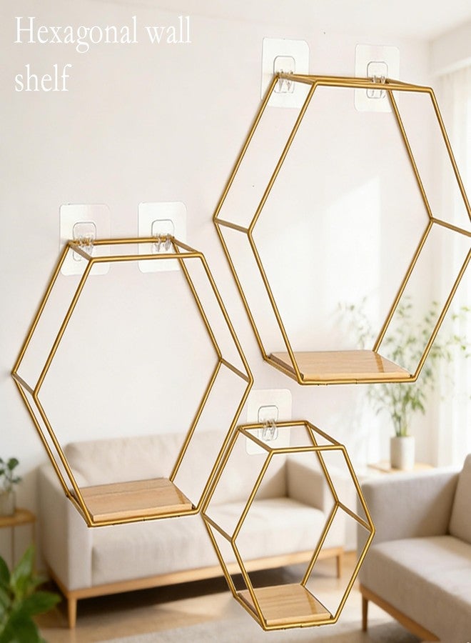CJFNDFA Gold Floating Wall Shelves Set of 3,Metal Hexagon Shelving Geometric Wall Mounted Design for Living Room, Bedroom, Kitchen & Office Decor, Easy Install Modern Display Shelves with Golden Finish - Image 3