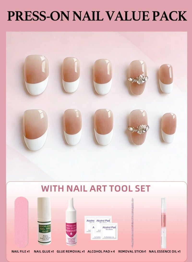Press On Nails French Tip Glossy Full Cover Reusable Soft Gel Nails, Elegant Natural Look Fake Nails for Women, Bridal Wedding Office Daily Wear - Image 1