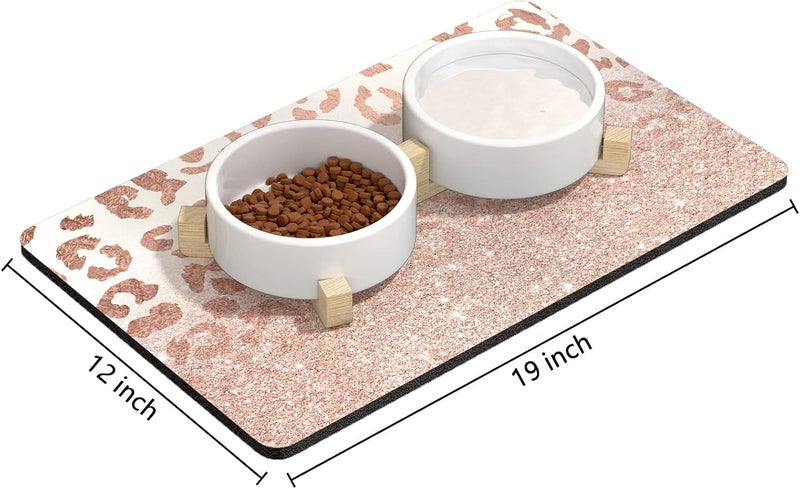 Rnivvi Dog Food Mat, 12" x 19" Leopard Absorbent Dog Cat Bowl Mat for Food and Water, Cute Anti-Slip Rubber Pet Feeding Rug Protect Floors, Puppy Placemat for Feeding & Watering Supplies, Rose - Image 2