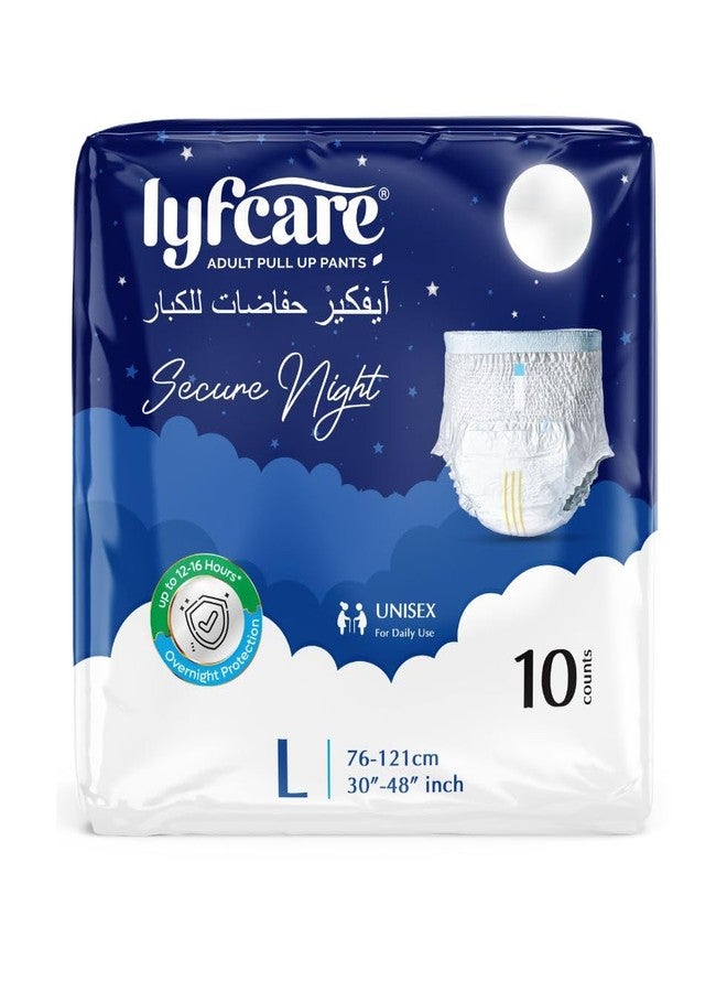 Lyfcare Secure Night Adult Diapers Large Size (L) - 10 Units | Unisex Diapers Pants Style | Waist (76-121 cm) | Wetness Indicator, Super Absorption, 360° Protection & 0% Leakage | For Men & Women