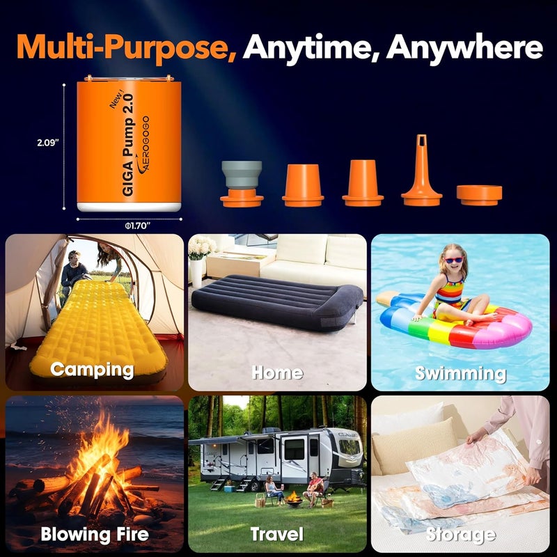 GIGA PUMP Portable Air Pump for Inflatables, 4kPa Mini Air Mattress Pump with Camping Light, 1300mah Battery Rechargeable Pump Inflator/Deflator for Swimming Rings, Air Mattress, Pool Float, Vacuum Bags - Image 5